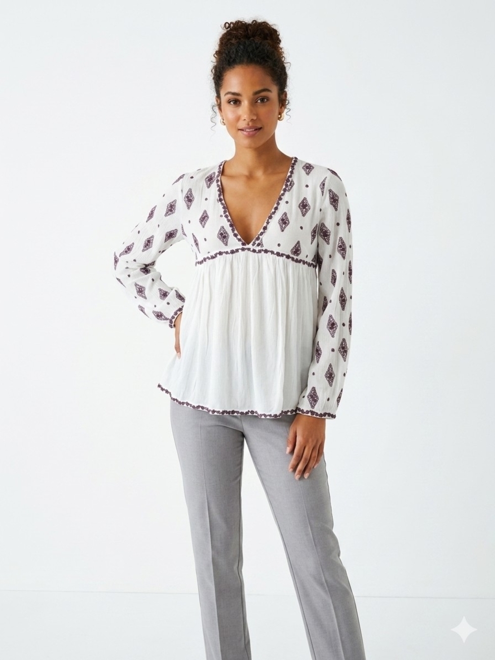 Free People White Peasant Blouse with Purple Print